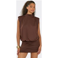 High Neck Sleeveless Blouson Open Cowl Back Ruched Mini Dress In Chocolate Brown, Women's Size US 4