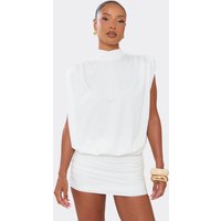 High Neck Sleeveless Blouson Open Cowl Back Ruched Mini Dress In White, Women's Size UK 12