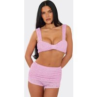 Knot Front Bralet Top And Mini Shorts Co-Ord Set In Lilac Textured, Women's Size UK 10