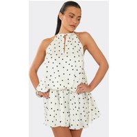 Halterneck Key Hole Cut Out Mini Dress In White Polka Dot, Women's Size US S/M
