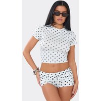 Baby Tee And Fold Over Micro Mini Shorts Co-Ord Set In White Polka Dot, Women's Size UK 8