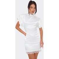 Short Sleeve Lace Trim Shoulder Ruching Mini Dress In White Satin., Women's Size UK 14