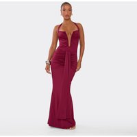 Plunge Halterneck Drape Front Ruched Maxi Dress In Burgundy, Women's Size UK 6
