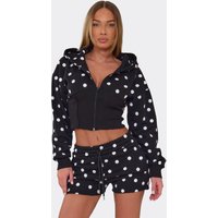 Long Sleeve Cinched Waist Zip Up Hoodie And Sweat Shorts Co-Ord Set In Black Polka Dot, Women's Size UK L