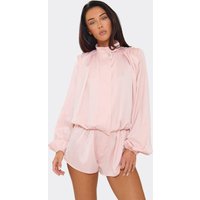 Long Sleeve Funnel Neck Ruched Shoulder Playsuit In Pink Satin., Women's Size UK 6