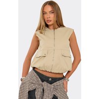 Sleeveless Zip Up Front Oversized Top In Stone, Women's Size UK 14