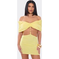 Bardot Bead Strap Detail Ruched Mini Dress In Lemon, Women's Size UK 14