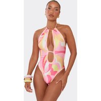 Halterneck Bead Detail Cut Out Swimsuit In Pink Abstract Print, Women's Size UK 6