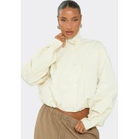Long Sleeve High Neck Button Front Bomber Jacket In Cream, Women's Size UK 14