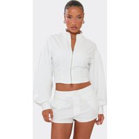 High Neck Balloon Sleeve Zip Up Jacket In White Pinstripe, Women's Size UK 8
