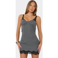 Sleeveless Contrast Lace Trim Corseted Mini Dress In Grey, Women's Size UK 8