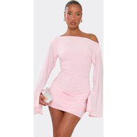 Off The Shoulder Long Flared Sleeve Drape Front Mini Dress In Baby Pink, Women's Size UK 10