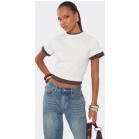 Short Sleeve Polka Dot Hem Detail Double Layer T-Shirt In Cream, Women's Size UK 12