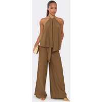 Wide Leg Trousers In Chocolate Brown Textured Linen, Women's Size US 4