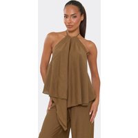 Halterneck Floaty Top In Chocolate Brown Textured Linen, Women's Size US 6