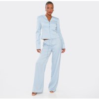 Mid Rise Drawstring Waist Wide Leg Trouser In Light Blue Satin, Women's Size UK 8