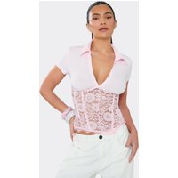 Short Sleeve Lace Corset Waist Top In Pink, Women's Size UK M/L