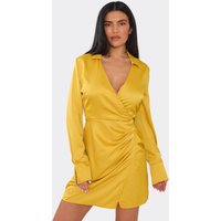 Long Sleeve V Neck Collared Drape Detailing Mini Dress In Gold, Women's Size UK 14