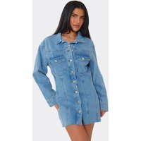 Long Sleeve Collared Button Up Mini Dress In Blue Denim, Women's Size UK 6