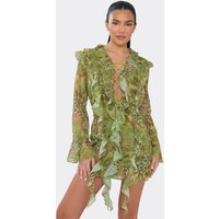 Long Sleeve Frill Lace Up Front Mini Dress In Green Animal Print, Women's Size UK 10