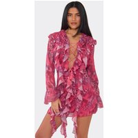 Long Sleeve Frill Lace Up Front Mini Dress In Pink Animal Print, Women's Size UK 12