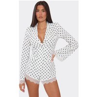 Long Sleeve Plunge Front Lace Trim Playsuit In White Polka Dot, Women's Size UK 12