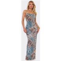 Halterneck Scoop Front Open Back Maxi Dress In Multi Animal Print, Women's Size UK 14