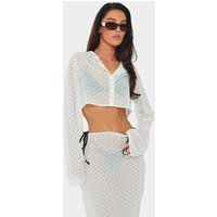 Long Sleeve Collared Cropped Shirt In White Polka Dot Chiffon, Women's Size UK 12
