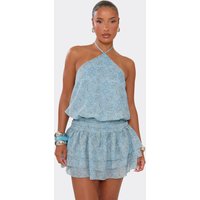 Halterneck Blouson Mini Dress In Blue Paisley Print Chiffon, Women's Size UK 12