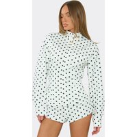 Long Sleeve High Neck Playsuit In White Polka Dot, Women's Size US 8