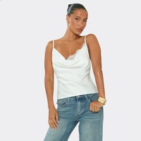 Strappy Lace Detail Draped Front Top In Cream Satin, Women's Size UK 14