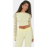 Long Sleeve Crop Top In Lemon Lace, Women's Size UK 14