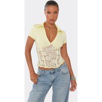 Short Sleeve Lace Corset Waist Top In Lemon, Women's Size UK M/L