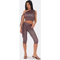 Off The Shoulder Tie Detail Top And Capri Trouser Co-Ord Set In Brown Polka Dot, Women's Size UK M/L