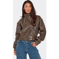 Long Sleeve Funnel Neck Popper Front Jacket In Brown Faux Leather, Women's Size UK 14