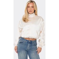Long Sleeve Funnel Neck Bomber Jacket In Cream Satin, Women's Size UK 14