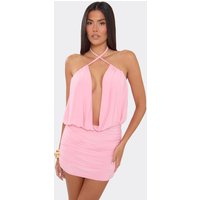 Cross Halterneck Cowl Front Blouson Mini Dress In Pink, Women's Size UK 14