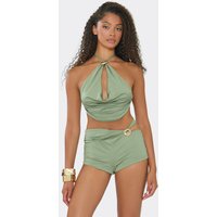 Cowl Halterneck Cross Back Trim Detail Crop Top In Khaki, Women's Size US 8