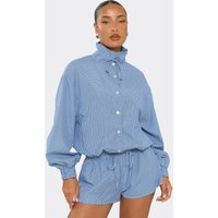 Long Sleeve Funnel Neck Button Front Playsuit In Blue Check Print, Women's Size US 6