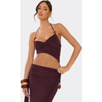 Halterneck Asymmetric Hem Bead Detail Ruched Crop Top In Chocolate Brown Slinky, Women's Size US 6