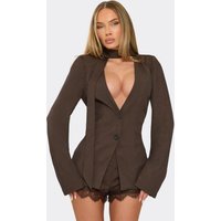Long Sleeve Plunge Front Lace Trim Scarf Detail Blazer Playsuit In Chocolate Brown, Women's Size US 4