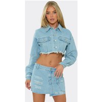 Long Sleeve Distressed Hem Cropped Jacket In Light Blue Denim, Women's Size UK 14