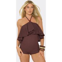 Halterneck Bead Detail Ruffle Playsuit In Chocolate Brown, Women's Size US 4