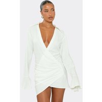 Long Flared Sleeve Plunge Wrap Front Mini Dress In White Linen, Women's Size UK 14