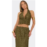 Halterneck Plunge Front Open Back Crop Top In Chocolate Brown Texture, Women's Size US 4