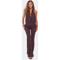 Plunge Halterneck Wrap Drape Detail Flared Leg Blouson Jumpsuit In Chocolate Brown, Women's Size UK 6