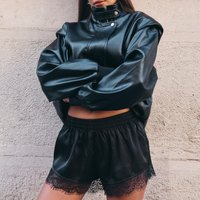 Low Rise Lace Trim Mini Shorts In Black Satin, Women's Size UK 6