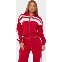 Long Sleeve Funnel Neck Contrast Panel Zip Up Sweatshirt In Red, Women's Size UK 14