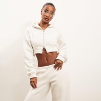Long Sleeve Elasticated Waist Double Zip Cropped Hoodie In Cream, Women's Size UK 14