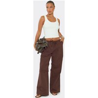 Low Rise Wide Leg Cargo Trousers In Chocolate Brown Woven, Women's Size US 4